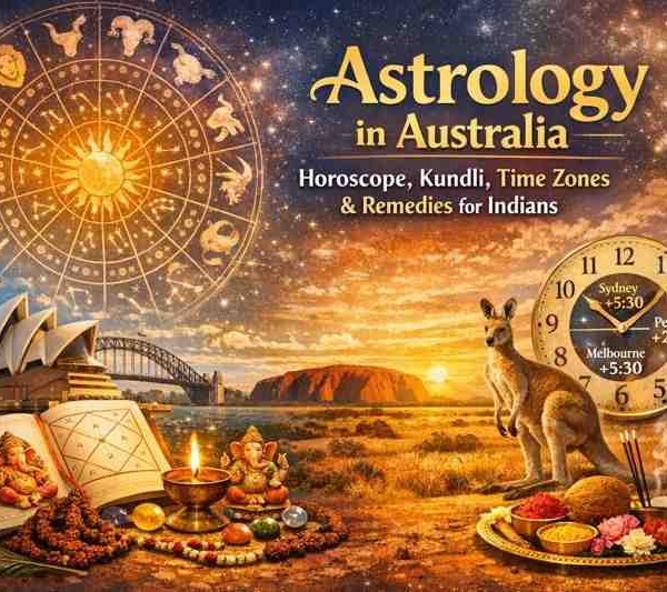 Astrology in Australia showing horoscope zodiac wheel, Kundli chart, Australian landmarks, time zones and Vedic remedies for Indians