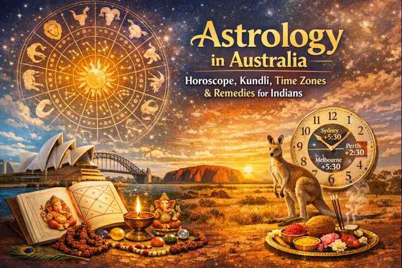 Astrology in Australia showing horoscope zodiac wheel, Kundli chart, Australian landmarks, time zones and Vedic remedies for Indians