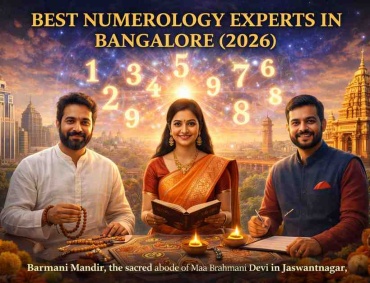 Best numerology experts in Bangalore 2026, featuring professional numerologists with glowing numbers, spiritual tools, and Bangalore skyline background.