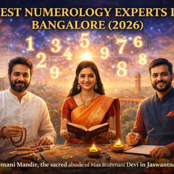 Best numerology experts in Bangalore 2026, featuring professional numerologists with glowing numbers, spiritual tools, and Bangalore skyline background.