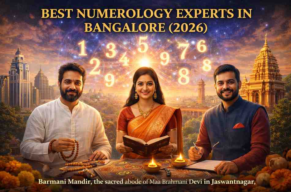 Best numerology experts in Bangalore 2026, featuring professional numerologists with glowing numbers, spiritual tools, and Bangalore skyline background.