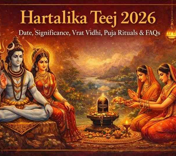 Hartalika Teej 2026 with women performing Shiva Parvati puja, vrat rituals and offerings