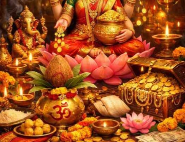 Goddess Lakshmi with gold coins, kalash, marigold flowers, and ritual offerings symbolizing Hindu wealth and prosperity rituals