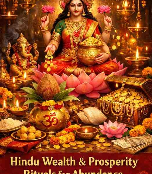 Goddess Lakshmi with gold coins, kalash, marigold flowers, and ritual offerings symbolizing Hindu wealth and prosperity rituals