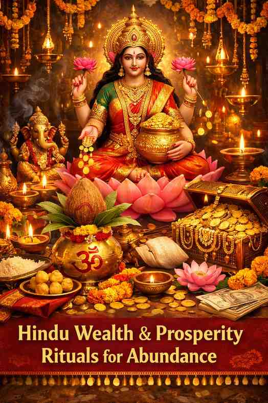 Goddess Lakshmi with gold coins, kalash, marigold flowers, and ritual offerings symbolizing Hindu wealth and prosperity rituals