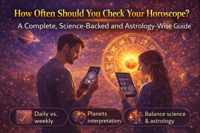 Man and woman checking horoscopes on digital devices with a glowing zodiac wheel, illustrating how often to check your horoscope wisely