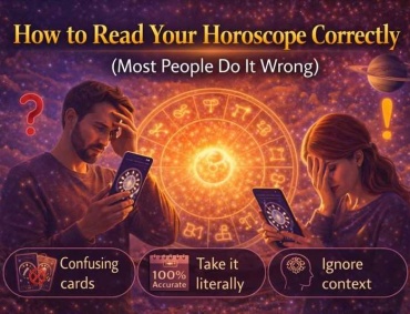 Two people confused while reading horoscopes on mobile phones with a glowing zodiac wheel, showing common mistakes in reading horoscopes