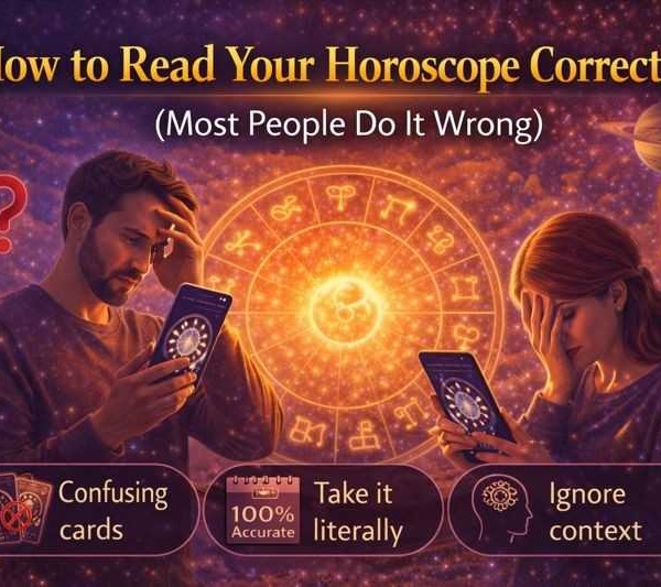 Two people confused while reading horoscopes on mobile phones with a glowing zodiac wheel, showing common mistakes in reading horoscopes