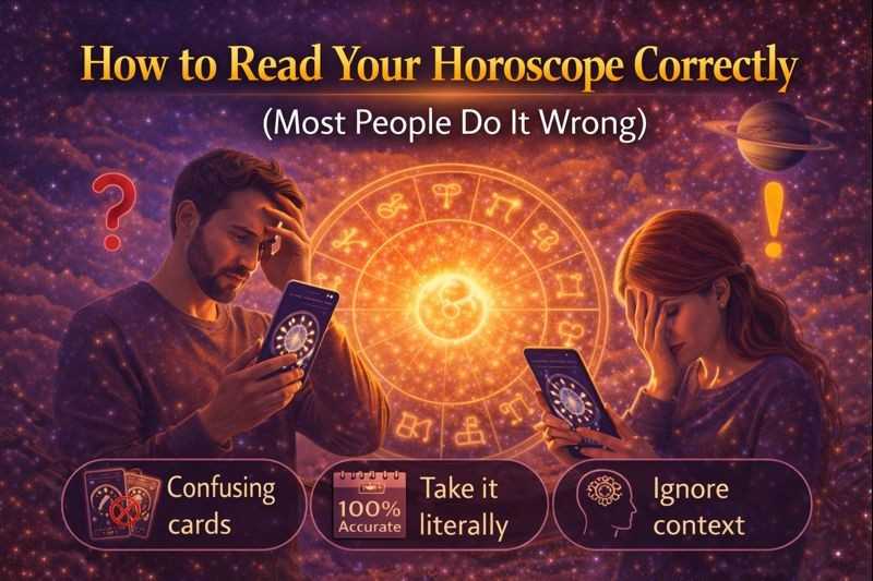 Two people confused while reading horoscopes on mobile phones with a glowing zodiac wheel, showing common mistakes in reading horoscopes