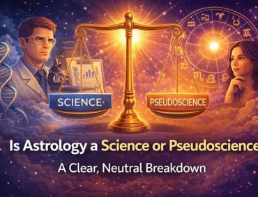 Illustration showing a scale comparing science and pseudoscience in the debate about astrology, featuring a scientist, research symbols, and a zodiac wheel.”