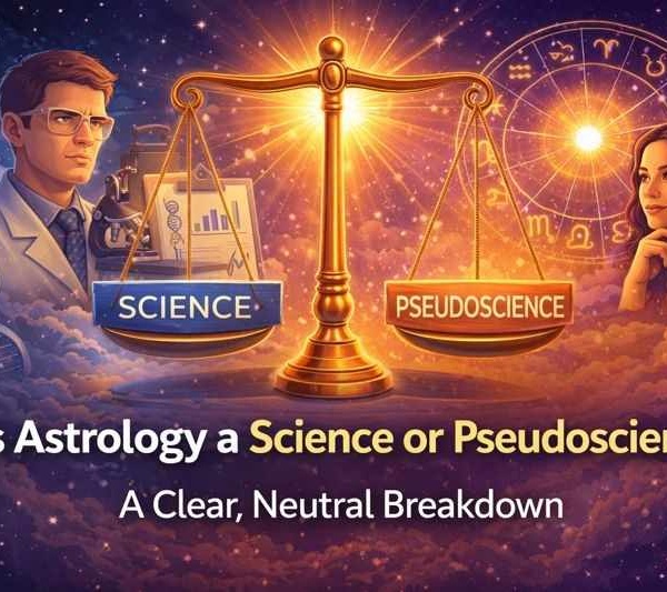 Illustration showing a scale comparing science and pseudoscience in the debate about astrology, featuring a scientist, research symbols, and a zodiac wheel.”