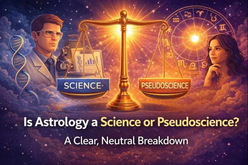 Illustration showing a scale comparing science and pseudoscience in the debate about astrology, featuring a scientist, research symbols, and a zodiac wheel.”