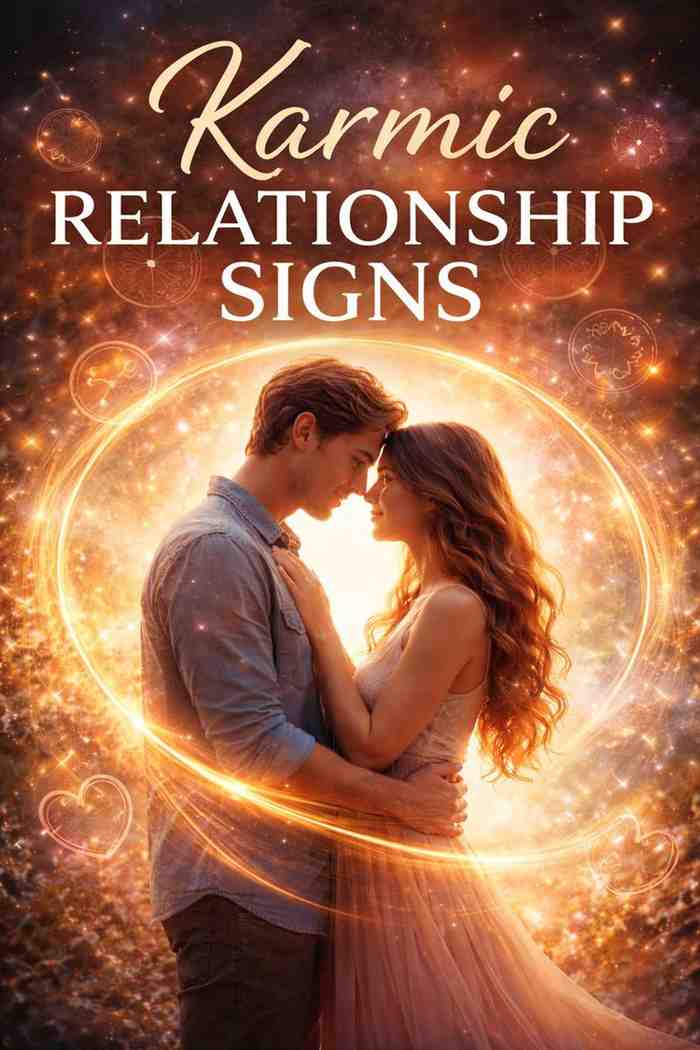 A couple sharing an intense emotional connection surrounded by glowing energy representing karmic relationship signs