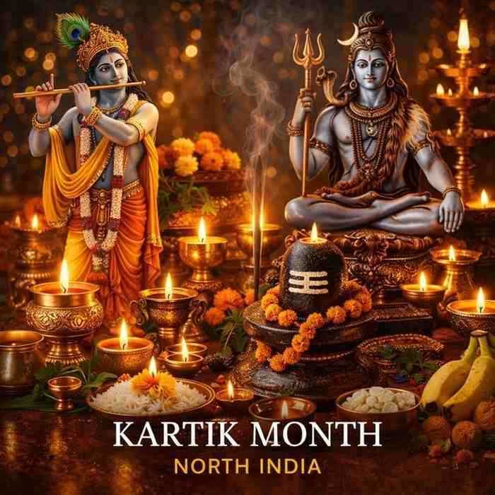 Lord Shiva, Krishna, Shiva Lingam and oil lamps during Kartik Month rituals in North India
