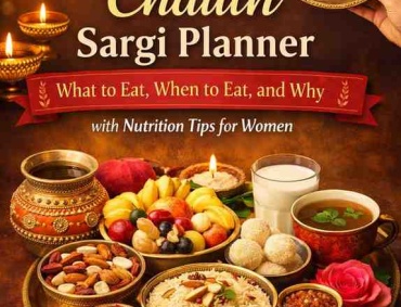 Traditional Karwa Chauth Sargi thali with fruits, dry fruits, sweets, milk, diya, sieve (chalni), and moon in the background, representing a healthy pre-fast meal for women.