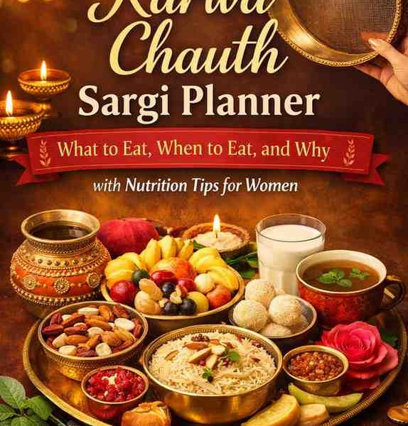 Traditional Karwa Chauth Sargi thali with fruits, dry fruits, sweets, milk, diya, sieve (chalni), and moon in the background, representing a healthy pre-fast meal for women.