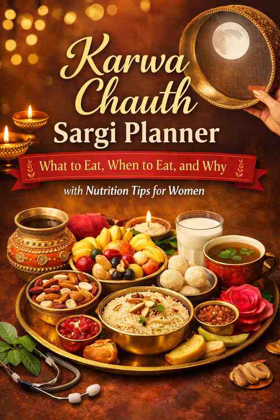 Traditional Karwa Chauth Sargi thali with fruits, dry fruits, sweets, milk, diya, sieve (chalni), and moon in the background, representing a healthy pre-fast meal for women.