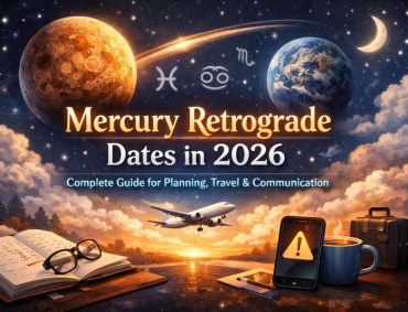 Mercury retrograde dates in 2026 illustrated with planet Mercury, zodiac symbols, travel delays, communication alerts, and planning elements.