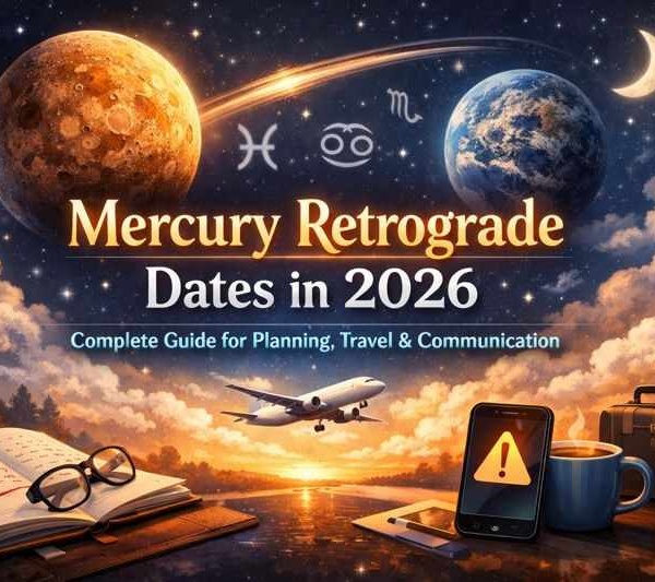 Mercury retrograde dates in 2026 illustrated with planet Mercury, zodiac symbols, travel delays, communication alerts, and planning elements.