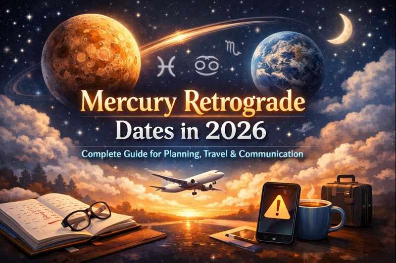 Mercury retrograde dates in 2026 illustrated with planet Mercury, zodiac symbols, travel delays, communication alerts, and planning elements.