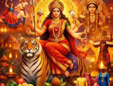 Navratri 2026 dates, puja and fasting rituals illustration with Durga Maa, kalash and festive elements