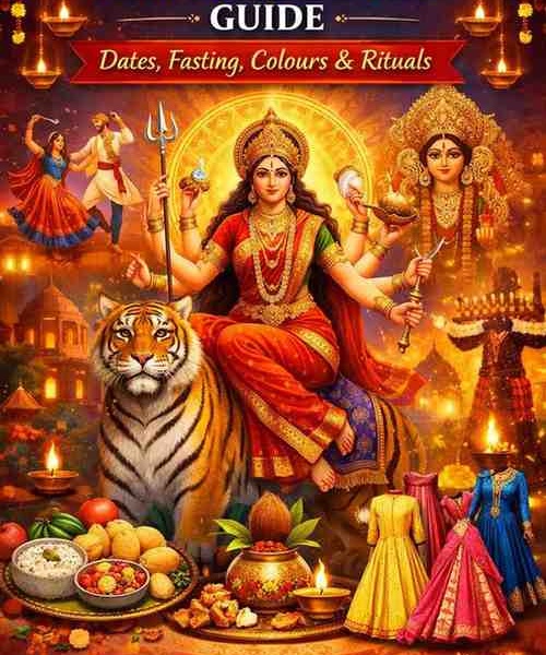 Navratri 2026 dates, puja and fasting rituals illustration with Durga Maa, kalash and festive elements
