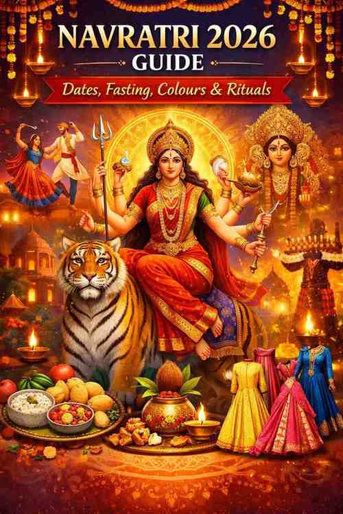 Navratri 2026 dates, puja and fasting rituals illustration with Durga Maa, kalash and festive elements