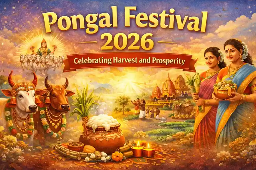 Pongal Festival 2026 celebration showing Bhogi bonfire, Thai Pongal cooking and Mattu Pongal rituals