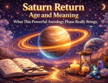 Saturn Return age and meaning illustrated with planet Saturn, glowing rings, and symbols of time, responsibility, and life transitions.