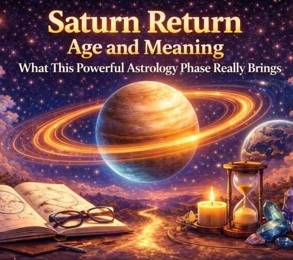 Saturn Return age and meaning illustrated with planet Saturn, glowing rings, and symbols of time, responsibility, and life transitions.