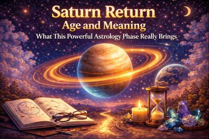 Saturn Return age and meaning illustrated with planet Saturn, glowing rings, and symbols of time, responsibility, and life transitions.