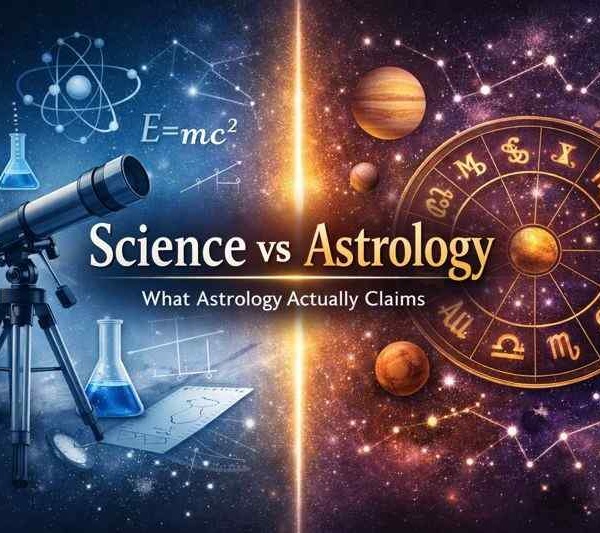 Science vs astrology comparison showing scientific tools on one side and zodiac symbols on the other explaining astrology’s actual claims