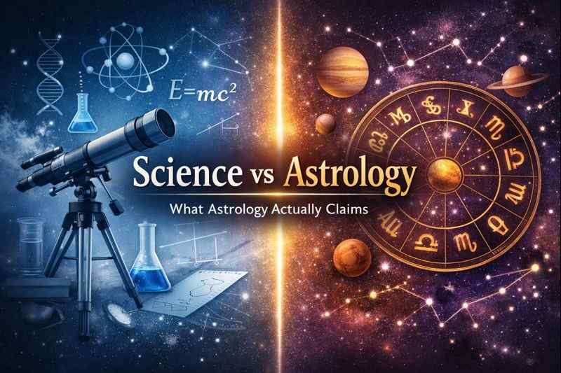 Science vs astrology comparison showing scientific tools on one side and zodiac symbols on the other explaining astrology’s actual claims