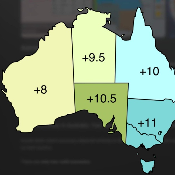 Australia time zone map showing UTC offsets for Perth, Darwin, Adelaide, Brisbane, Sydney and Melbourne