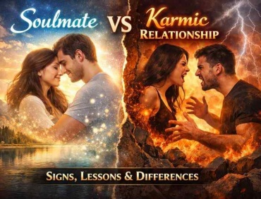 Soulmate vs karmic relationship illustration showing a loving peaceful couple on one side and a fiery intense couple arguing on the other, highlighting emotional harmony versus karmic conflict
