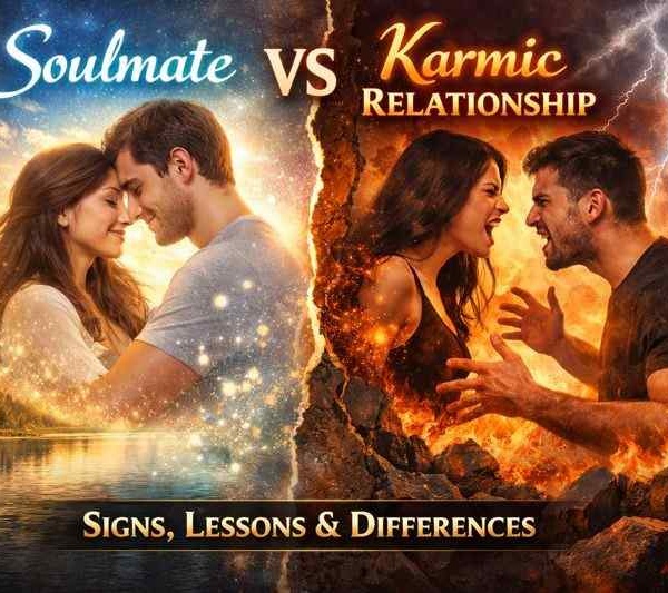 Soulmate vs karmic relationship illustration showing a loving peaceful couple on one side and a fiery intense couple arguing on the other, highlighting emotional harmony versus karmic conflict