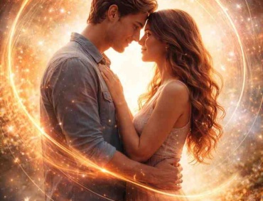 A couple sharing an intense emotional connection surrounded by glowing energy symbolizing a karmic bond
