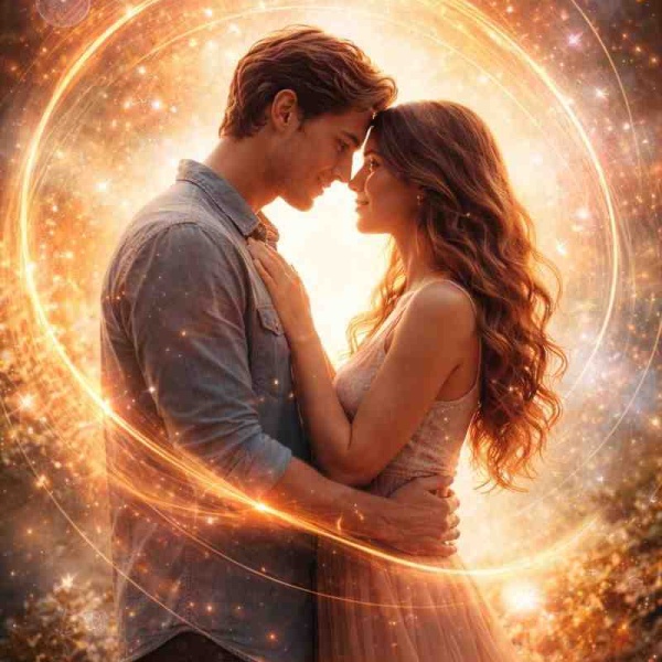 A couple sharing an intense emotional connection surrounded by glowing energy symbolizing a karmic bond