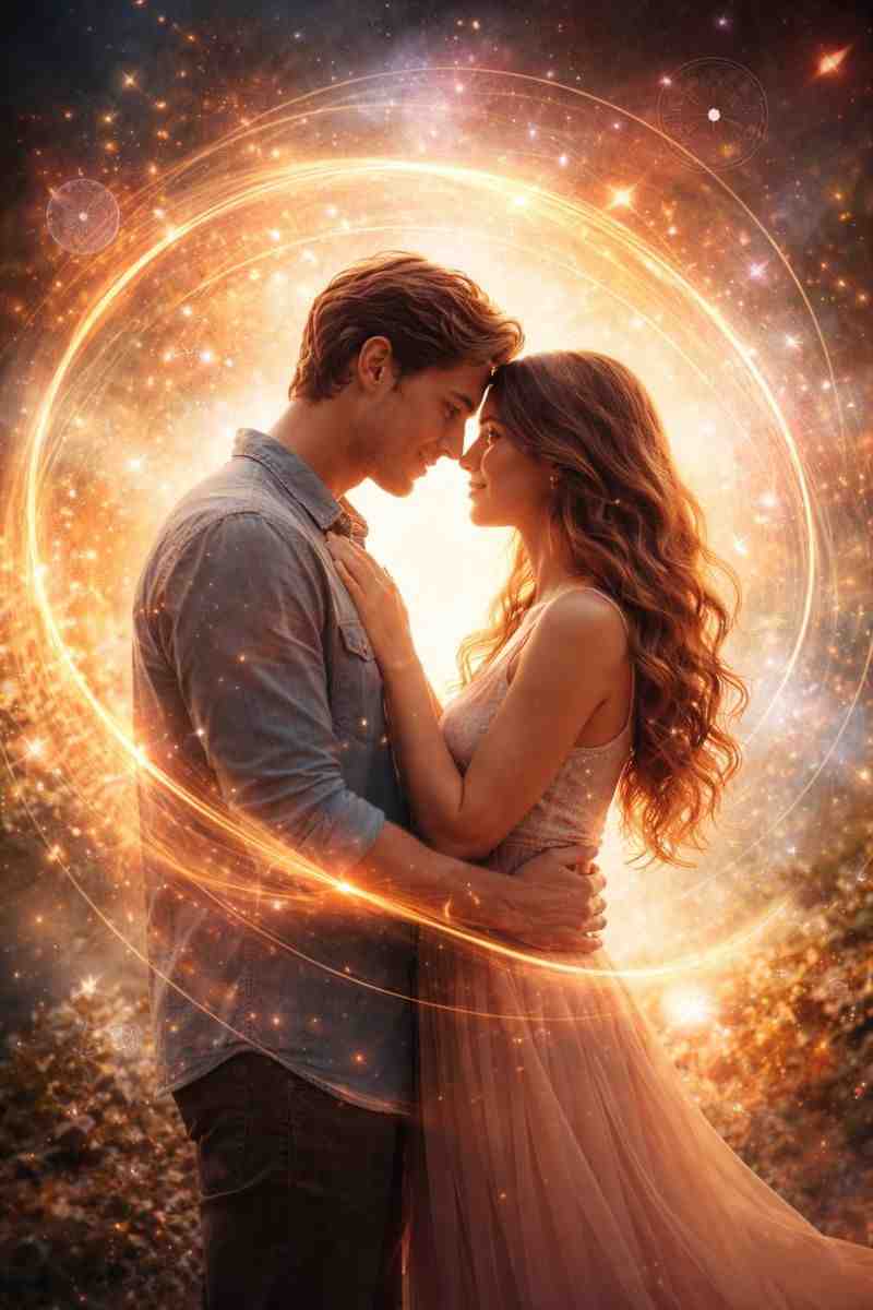 A couple sharing an intense emotional connection surrounded by glowing energy symbolizing a karmic bond
