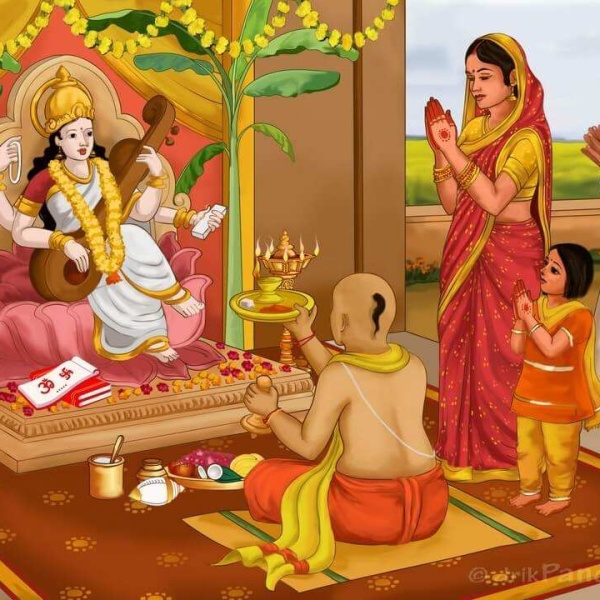 Vasant Panchami 2026 Saraswati Puja with yellow flowers, books and veena
