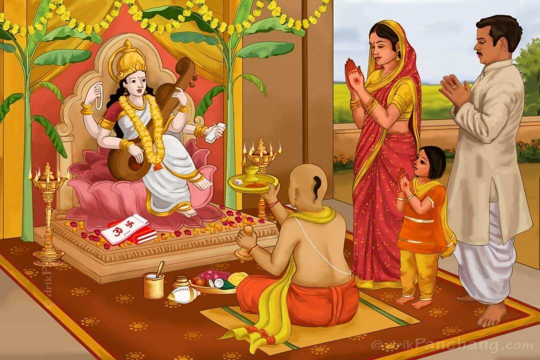 Vasant Panchami 2026 Saraswati Puja with yellow flowers, books and veena
