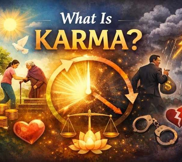 What is Karma illustration showing good and bad actions with cause and effect cycle