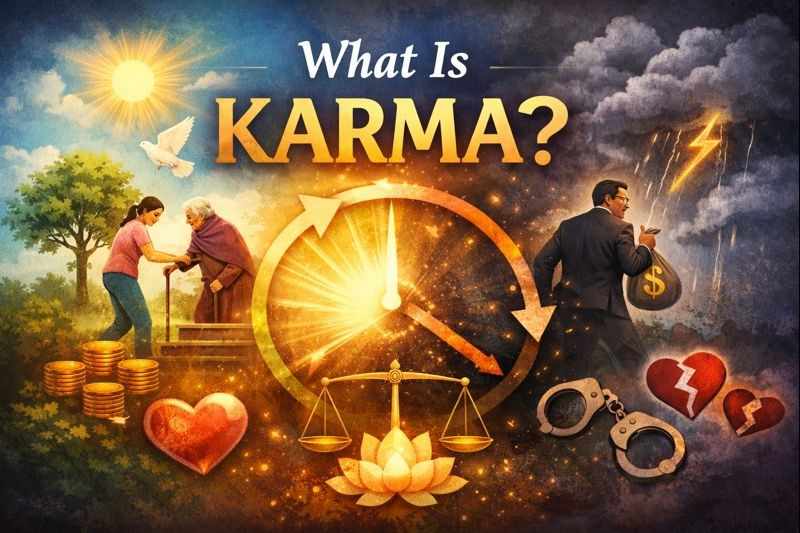 What is Karma illustration showing good and bad actions with cause and effect cycle
