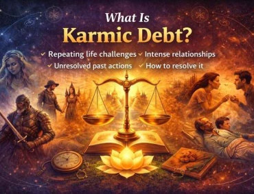 What is karmic debt illustration showing repeating life challenges, relationships, and balance of past actions