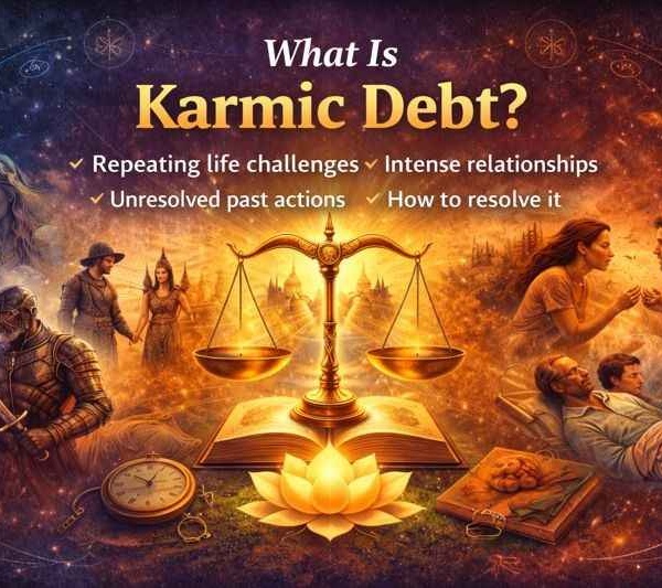 What is karmic debt illustration showing repeating life challenges, relationships, and balance of past actions