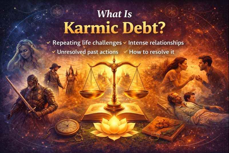 What is karmic debt illustration showing repeating life challenges, relationships, and balance of past actions