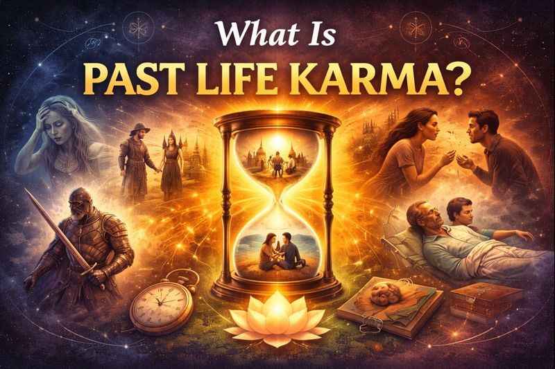 Past life karma illustration showing soul journeys, relationships, and karmic lessons across lifetimes