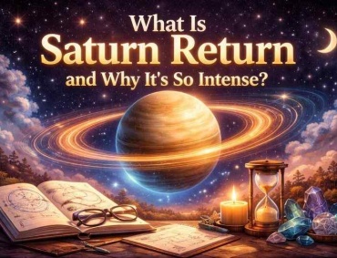 Saturn Return astrology illustration showing planet Saturn with glowing rings, symbolizing life lessons, maturity, and major transformations.