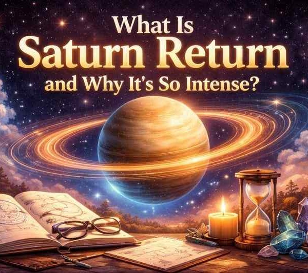 Saturn Return astrology illustration showing planet Saturn with glowing rings, symbolizing life lessons, maturity, and major transformations.