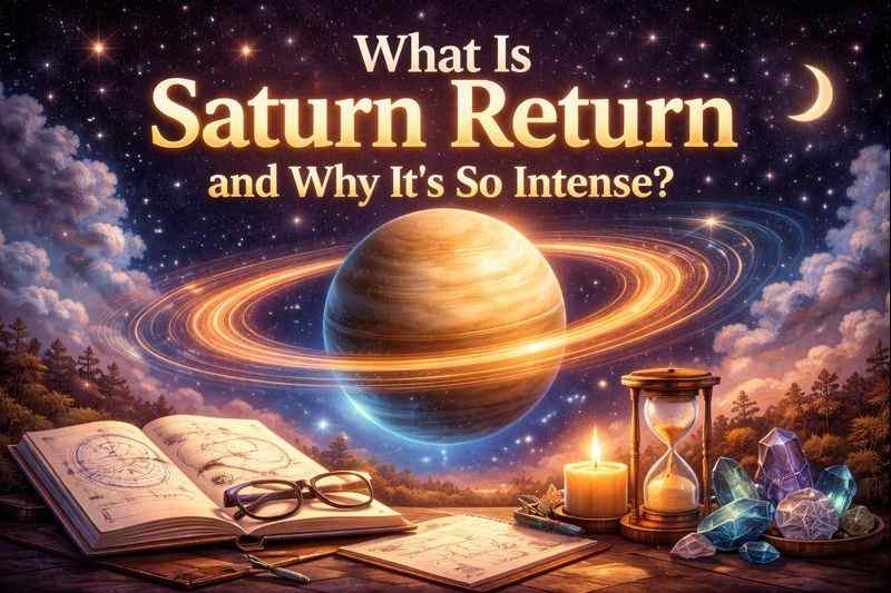 Saturn Return astrology illustration showing planet Saturn with glowing rings, symbolizing life lessons, maturity, and major transformations.